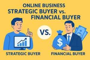 Illustration comparing an online business strategic buyer and financial buyer analyzing acquisition opportunities, growth potential, and investment metrics.