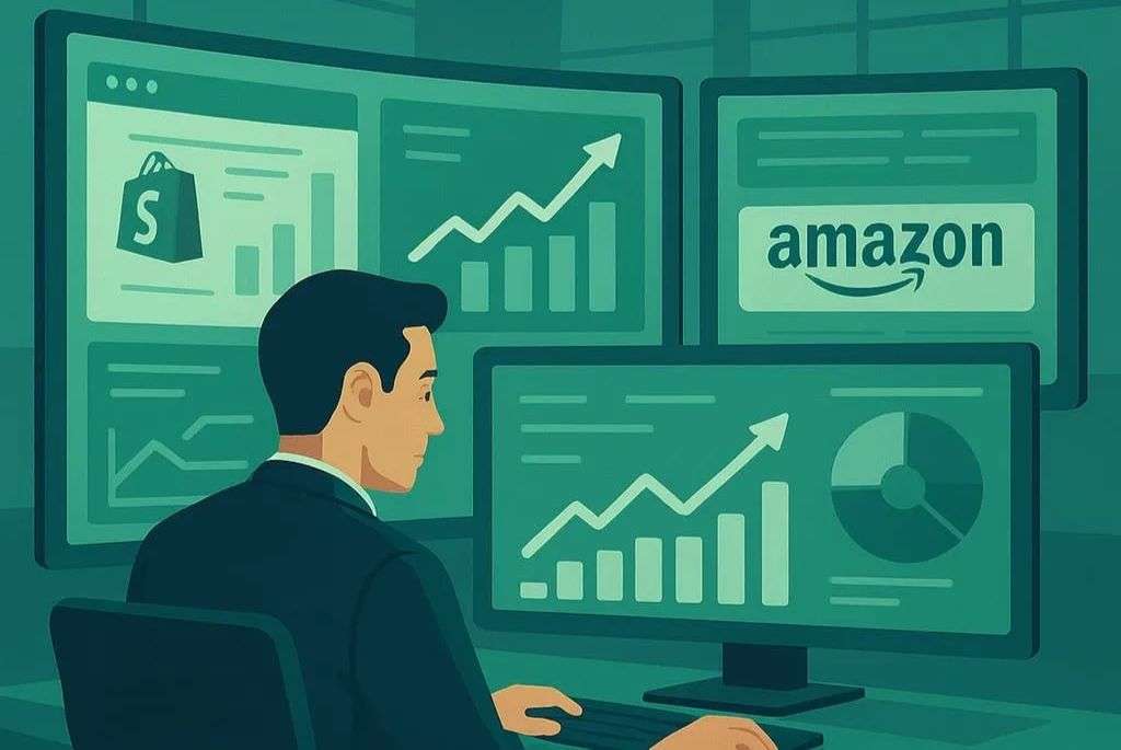 eCommerce business broker reviewing Shopify and Amazon sales dashboards and growth analytics across multiple computer monitors.