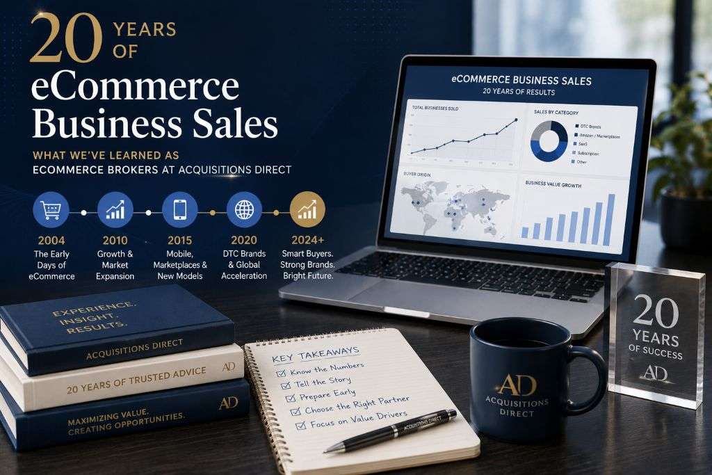 20 Years of eCommerce Business Sales infographic featuring ecommerce growth timelines, online business brokerage insights, valuation analytics, and Acquisitions Direct transaction experience.