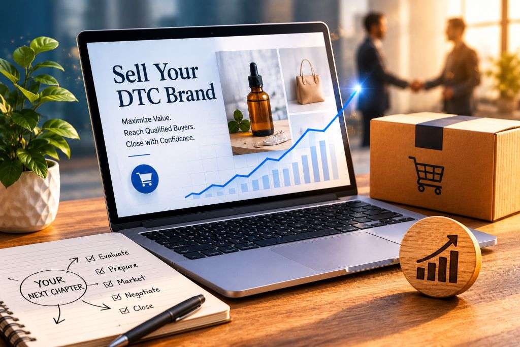 Sell your DTC brand illustration featuring ecommerce analytics dashboard, branded consumer products, growth charts, and direct-to-consumer business sale visuals.
