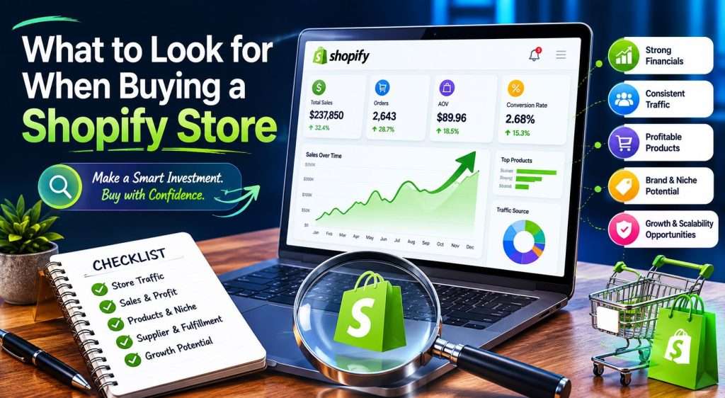 Buying a Shopify Store checklist illustration featuring Shopify analytics dashboard, ecommerce growth charts, financial metrics, traffic analysis, and online store due diligence visuals.
