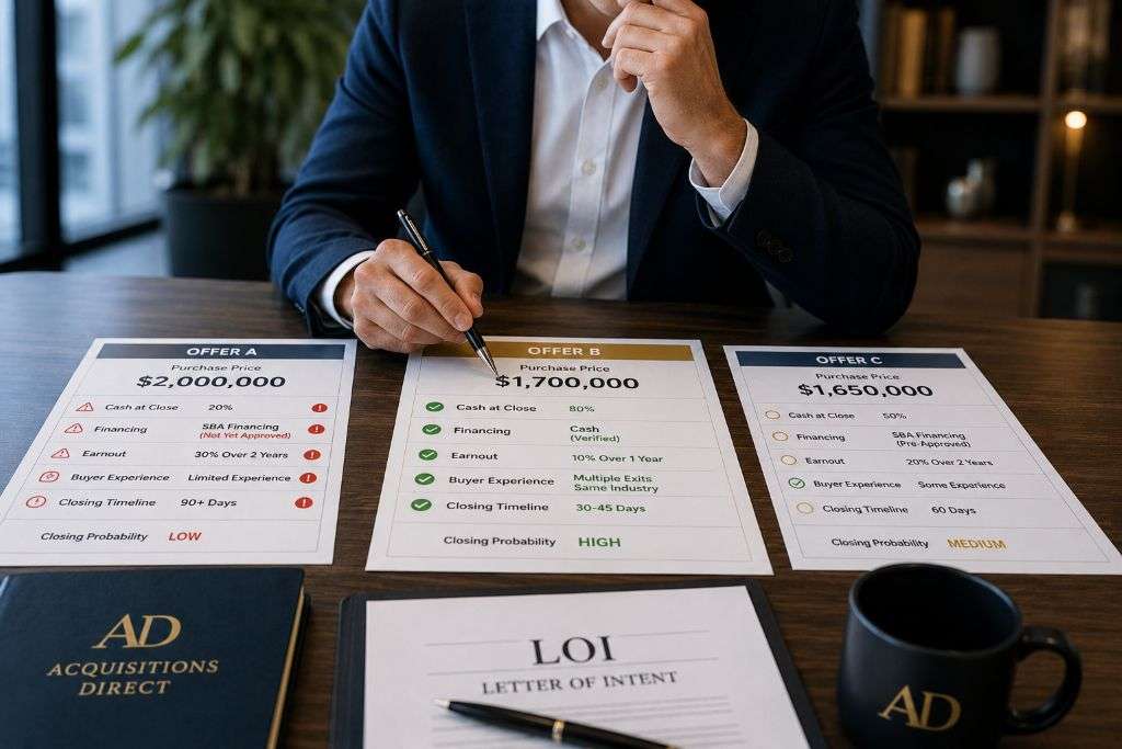 Business owner comparing multiple acquisition offers while selling an online business, evaluating buyer quality, cash at close, financing certainty, and deal terms.