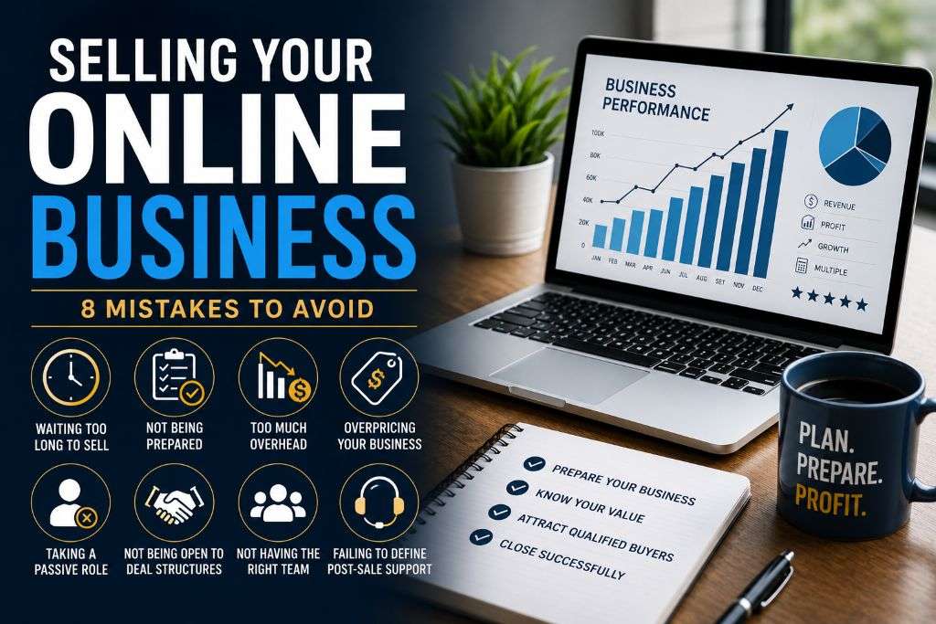 Selling your online business infographic highlighting 8 common mistakes business owners should avoid before selling.