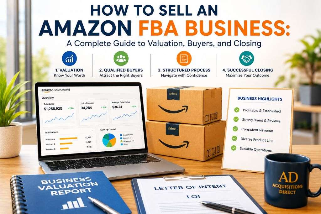How to Sell an Amazon FBA Business showing valuation metrics, buyer qualification, due diligence process, and successful Amazon FBA business acquisition.