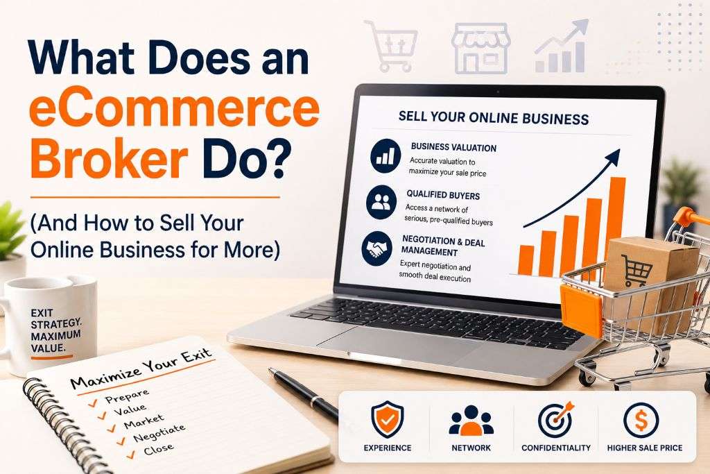 eCommerce broker services illustration showing online business valuation, buyer network, deal negotiation, and strategies to maximize the sale price of an eCommerce business.